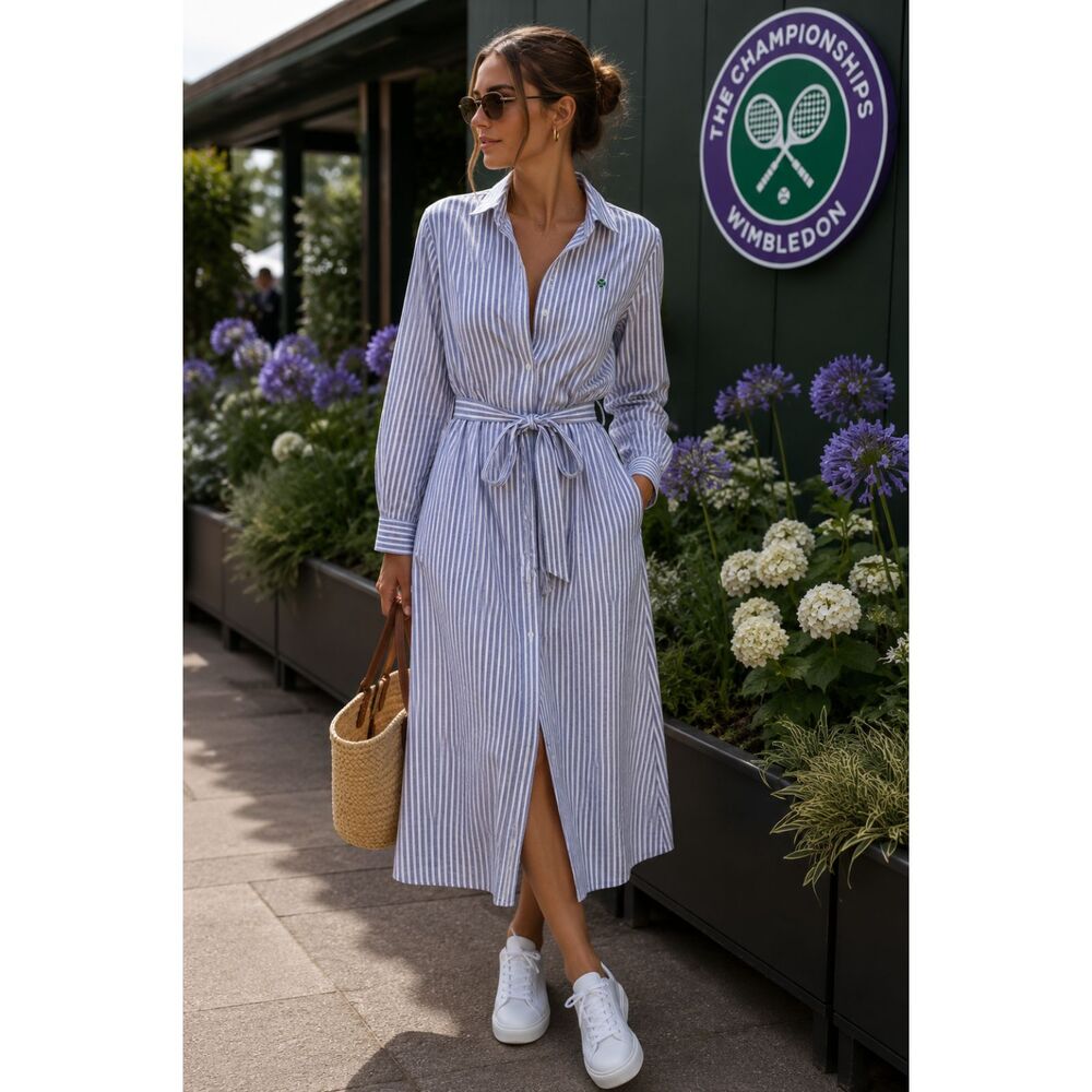WIMBLEDON Striped Cotton Midi Dress Light Blue Small
